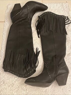 Fringed Black Studded Western Knee Boots by Maggie Sweet Size 37 Made in Spain